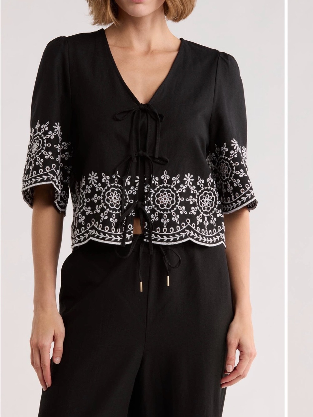 Black Embroidered Tie-Front Peasant Top